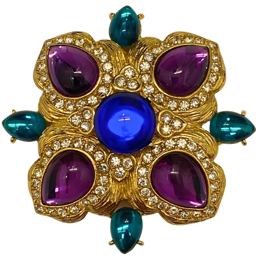 Vintage Joan Rivers Maltese Cabochon Cross Jeweled Goldtone Brooch & Earrings